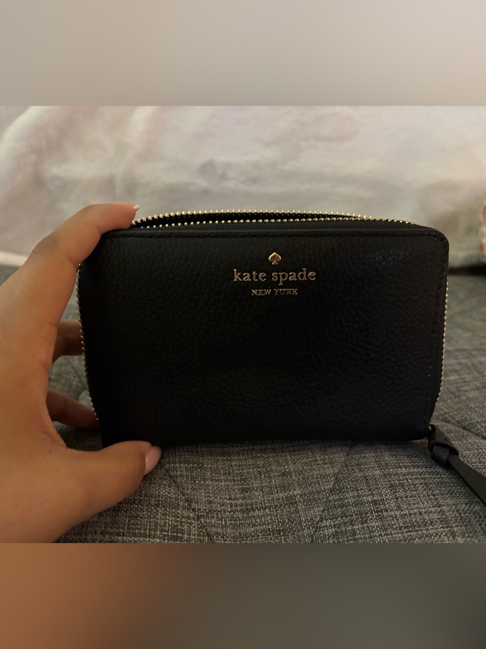 kate spade Black Pebbled Leather Zip Wallet with Gold Logo